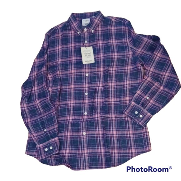 Murano 100% Linen LS Shirt Tab Collar Multi Plaid Washable Slim Fit Larg… - Picture 1 of 7